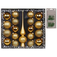 Set 19-delig met glazen kerstballen en piek goud incl 40x haakjes