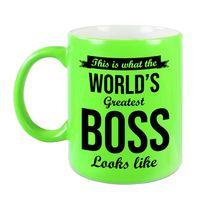 Worlds Greatest Boss cadeau koffiemok / theebeker neon groen 330 ml - thumbnail