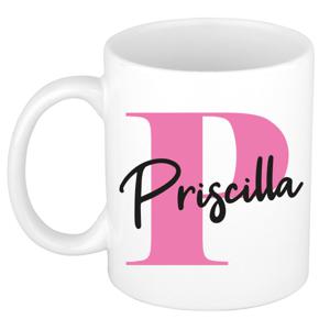 Naam mok Priscilla - roze - wit - keramiek - 300 ml - verjaardag/cadeau beker