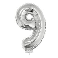 Zilveren opblaas cijfer ballon - 9 jaar - op stokje - H41 cm - Leeftijd versiering