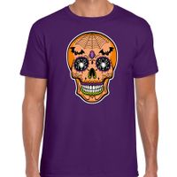 Day of the dead skelet gezicht halloween verkleed t-shirt paars voor heren - thumbnail