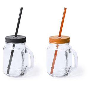 Set van 4x glazen drinkbekers dop/rietje 500 ml zwart/oranje