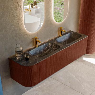 Badmeubel Mondiaz Kurve-Dlux | 165 cm cm | Meubelkleur Ruby | Wastafelkleur Lava | Solid surface | Dubbel / Rechts spoelbak | 2 kraangaten