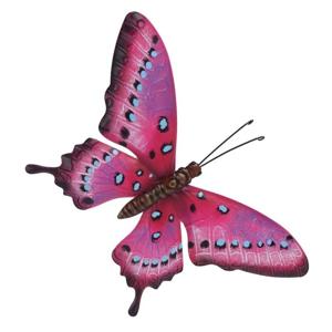 Tuindecoratie vlinder - roze en lichtblauw - metaal - 35 x 24 cm - Tuin/schutting/schuur