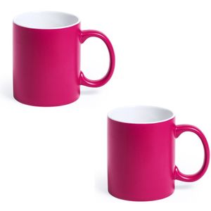 2x Drinkbekers/mokken fuchsia/wit 350 ml