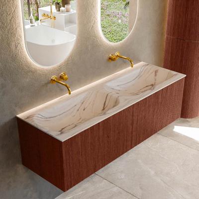 Badmeubel Mondiaz Kurve-Dlux | 140 cm | Meubelkleur Ruby | Wastafelkleur Nata | Solid surface | Wasbak beide zijden spoelbak | Zonder kraangat(en)