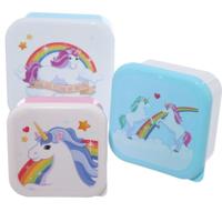 3x Broodtrommel/lunchbox - regenboog eenhoorn print - Voedsel bewaarbakjes - mix formaten