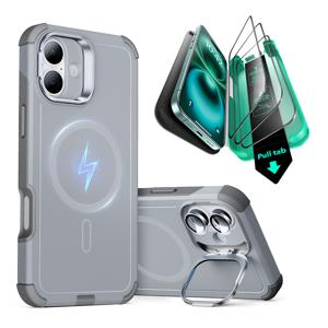 iPhone 16 Cyber Tough Case with Stash Stand Protection Bundle Light Grey