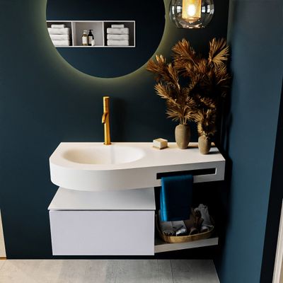 MONDIAZ RIVA 100cm badmeubel onderkast / planchet kleur Cale met 1 lade. Wastafel DULCET links 1 kraangat kleur Talc.