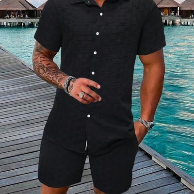 Bon&Bon Men's 2-Piece White Button Up Shirt and Shorts Vacation Set Black / S