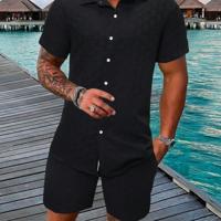 Bon&Bon Men's 2-Piece White Button Up Shirt and Shorts Vacation Set Black / S