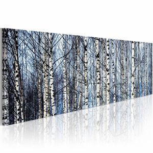 Schilderij - Witte Berken, Blauw/Wit , wanddecoratie , premium print op canvas