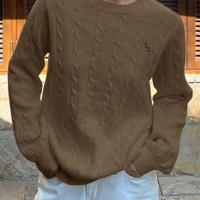 Bon&Bon Women's Navy Blue Polo Collar Cable-Knit Embroidered Sweater Brown-9 / M