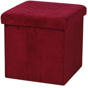 Urban Living Poef/hocker - opbergbox zit krukje - velvet rood - polyester/mdf - 38 x 38 cm - opvouwbaar - Poefs