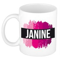 Naam cadeau mok / beker Janine  met roze verfstrepen 300 ml   - - thumbnail