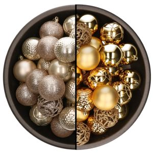 74x stuks kunststof kerstballen mix van champagne en goud 6 cm