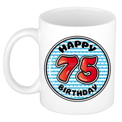 Verjaardag cadeau mok - 75 jaar - blauw - gestreept - 300 ml - keramiek