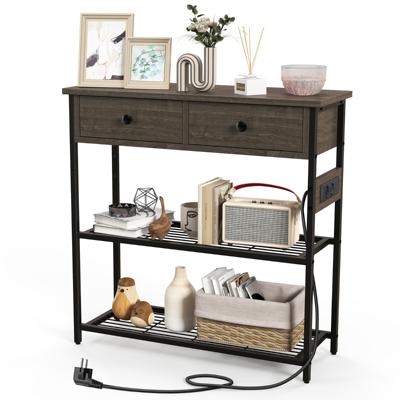 Consoletafel met Laadstation Haltafel met 2 Laden en 2 Metalen Roosterplanken met Stopcontacten Bijzettafel Vintage / Grijs