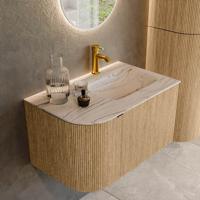 Badmeubel Mondiaz Kurve-Dlux | 75 cm | Meubelkleur Oak | Wastafelkleur Nata | Solid surface | Wasbak rechter zijde spoelbak | 1 kraangat