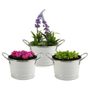 Plantenpot/bloempot teil - 3x - rond - zink - wit - D12 x H17 cm