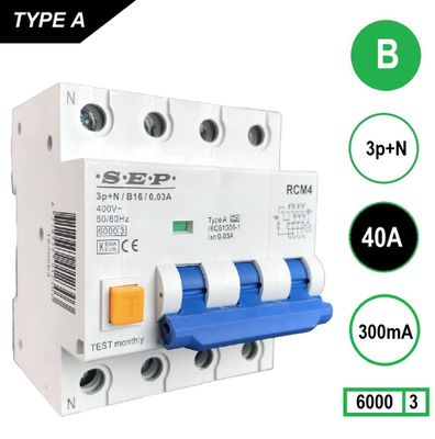 SEP RCM4 Aardlekautomaat 3 polig+nul B40 300mA 6kA