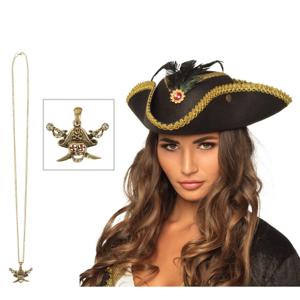 Verkleed set Piraten hoed - zwart/goud - met gouden piraten ketting - heren/dames