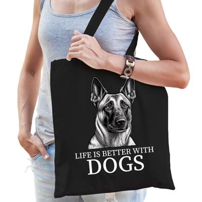 Cadeau tas voor hondenliefhebbers - zwart - Mechelse Herder hond - katoen - 42 x 38 cm Cadeau tas voor hondenliefhebbers - zwart - Mechelse Herder hond - katoen - 42 x 38 cm
