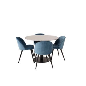 RazziaGR eethoek eetkamertafel terazzo grijs en 4 Velvet eetkamerstal velours blauw, zwart.