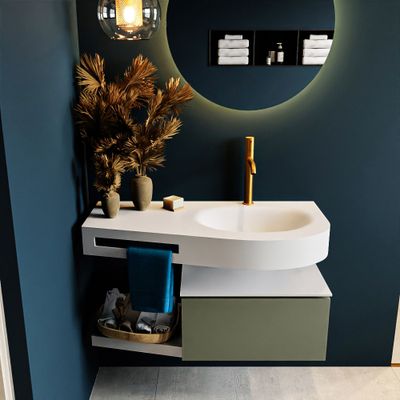 MONDIAZ RIVA 100cm badmeubel onderkast / planchet kleur Army met 1 lade. Wastafel DULCET rechts 1 kraangat kleur Talc. MONDIAZ RIVA 100cm badmeubel onderkast / planchet kleur Army met 1 lade. Wastafel DULCET rechts 1 kraangat kleur Talc.