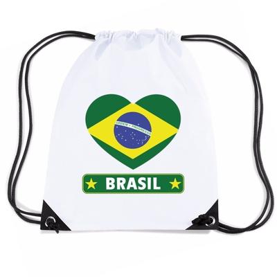 Brazilie thema sporttas - nylon rijgkoord rugzak - wit met hartjes vlag print - supporters
