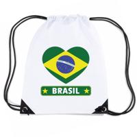 Brazilie thema sporttas - nylon rijgkoord rugzak - wit met hartjes vlag print - supporters