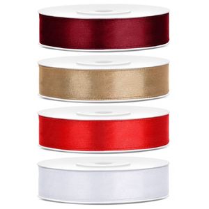 4x rollen satijnlint bordeaux-goud-rood-wit 1,2 cm x 25 meter