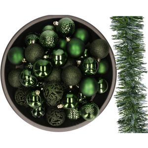 37x stuks kerstballen 6 cm en slinger - donkergroen - kunststof - Kerstbal
