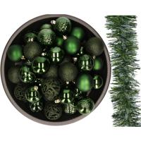 37x stuks kerstballen 6 cm en slinger - donkergroen - kunststof - Kerstbal - thumbnail