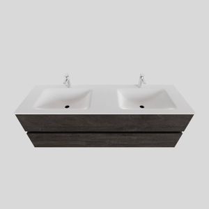 Badkamermeubel Solid Surface BWS Oslo 150x46 cm Dubbel Wood Dark Brown (2 kraangaten)