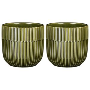 2x Stuks Plantenpot/bloempot keramiek glans donkergroen stripes patroon - D14/H13 cm