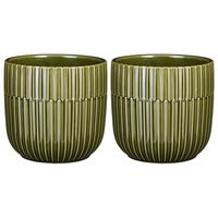 2x Stuks Plantenpot/bloempot keramiek glans donkergroen stripes patroon - D14/H13 cm