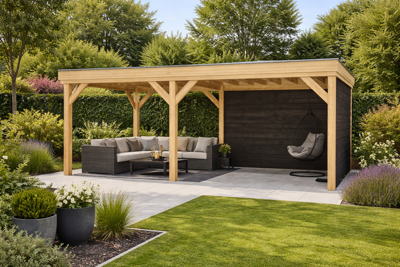 Overkapping Oldenzaal 600x350 cm Douglas blank met vuren rabat wanden zwart (Incl. EPDM)- - - YARD Outdoor