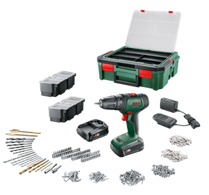 Bosch Groen Universal Drill 18V | Accuschroefboormachine | 2 x 1.5 Ah accu + lader | Incl. accessoires + SystemBox - 06039D4003