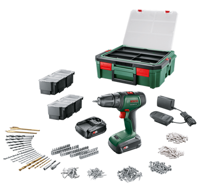 Bosch Groen Universal Drill 18V | Accuschroefboormachine | 2 x 1.5 Ah accu + lader | Incl. accessoires + SystemBox - 06039D4003