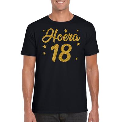 Hoera 18 jaar verjaardag - cadeau t-shirt - zwart - gouden glitter print - heren