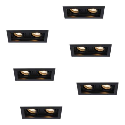 Set van 6 Durham LED Dubbele inbouwspots vierkant - 8 watt 690 lumen - 2700K Warm wit - GU10 - Dimbaar Kantelbaar - Voor binnen - Zwart