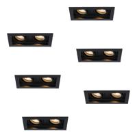 Set van 6 Durham LED Dubbele inbouwspots vierkant - 8 watt 690 lumen - 2700K Warm wit - GU10 - Dimbaar Kantelbaar - Voor binnen - Zwart