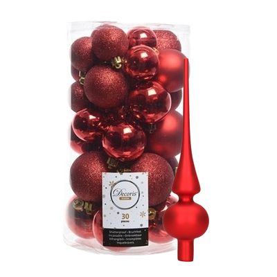 Decoris kerstballen 30x stuks - rood 4/5/6 cm kunststof mat/glans/glitter mix en piek