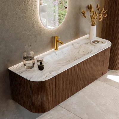 Badmeubel Mondiaz Kurve-Dlux | 140 cm | Meubelkleur Walnut | Wastafelkleur Glace | Solid surface | Midden spoelbak | 1 kraangat