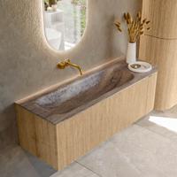 Badmeubel Mondiaz Kurve-Dlux | 135 cm | Meubelkleur Oak | Wastafelkleur Oza | Solid surface | Wasbak linker zijde spoelbak | Zonder kraangat(en)