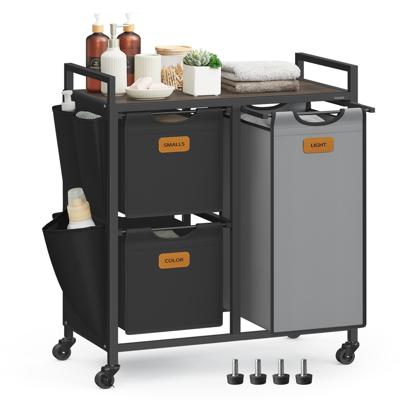 Wasmand op wielen met zijzakken en praktische opbergplank, Kastanjebruin + Inktzwart + Duifgrijs / 100 L