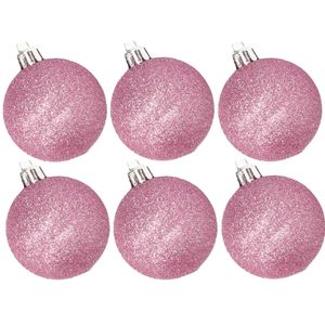 6x stuks kunststof glitter kerstballen roze 8 cm