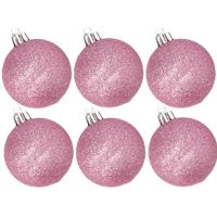 6x stuks kunststof glitter kerstballen roze 8 cm