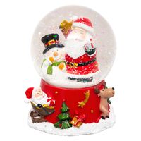 Sneeuwbol/snowglobe - rood - met kerstman en sneeuwpop - 10,5 cm - beeldje - thumbnail